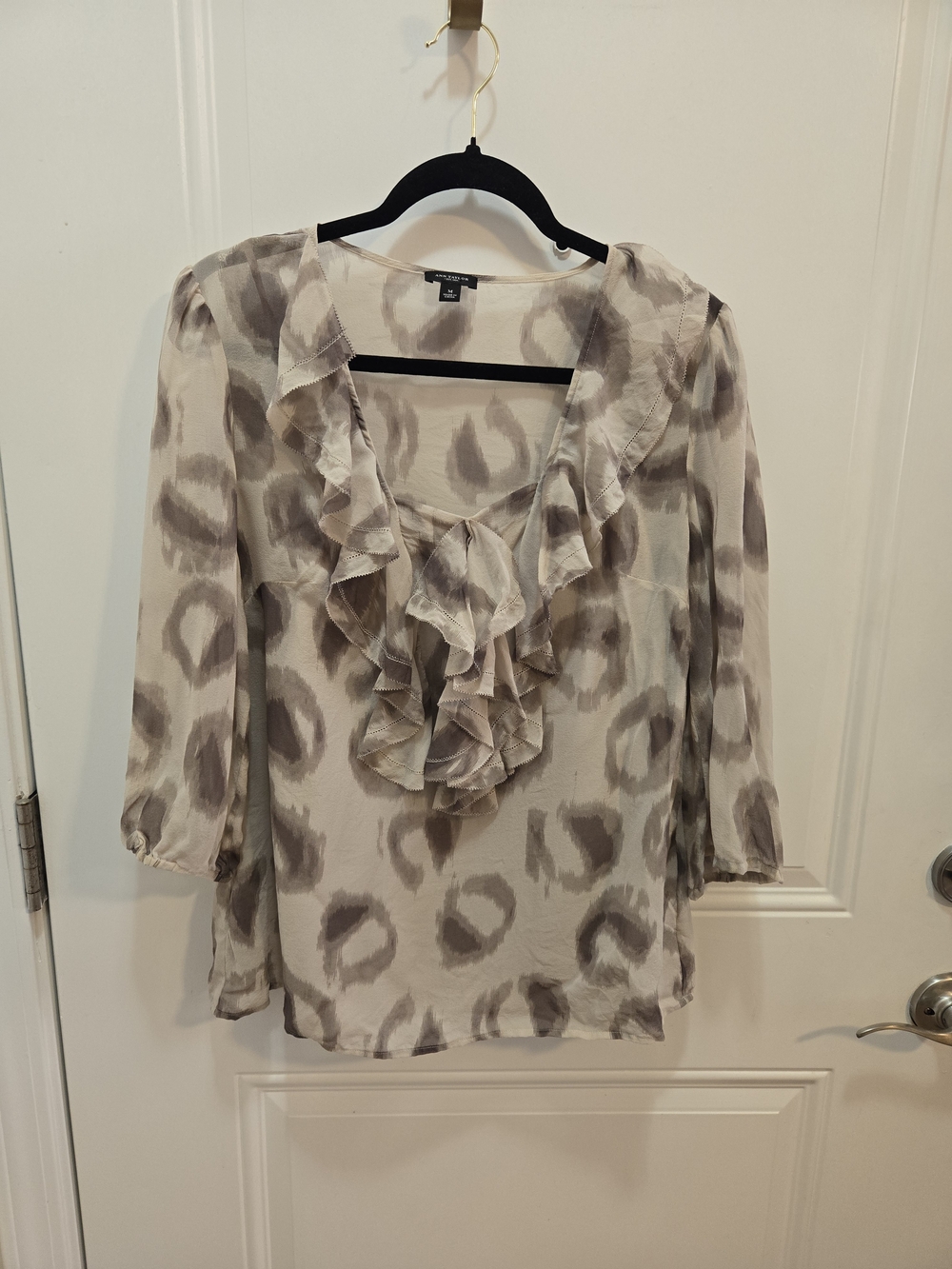 Ann Taylor Neutral Leopard-Print Ruffle V-Neck Blouse